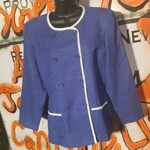 Leslie Fay blue suit jacket with white trim.
